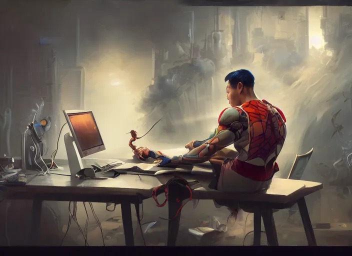 Image similar to an insanely detailed painting of an asian man wearing a homemade superhero costume, sitting at a desk, staring seriously at the computer and typing, in the style of peter mohrbacher, james jean, artgerm, dramatic lighting and composition, surreal background, octane render, pixar, trending on artstation, concept art, comic book, view from behind, 8 k