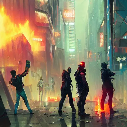 Prompt: cyberpunk rioters, detailed digital illustration by greg rutkowski, fire, placards, forced perspective, android netrunner