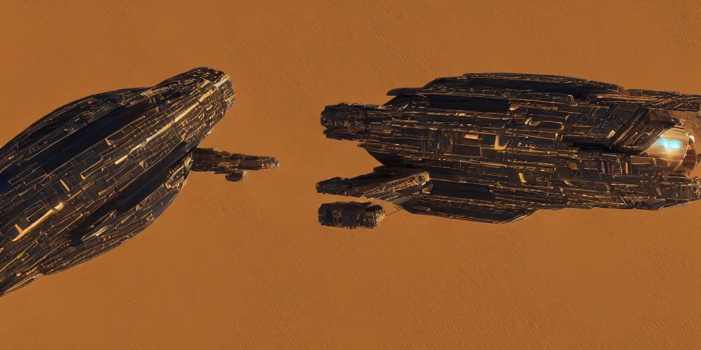 Prompt: spaceship from the movie dune, 2 0 2 1 cinematic 4 k framegrab, intricate abstract spaceship floating detailed docking ports. flying above dunes
