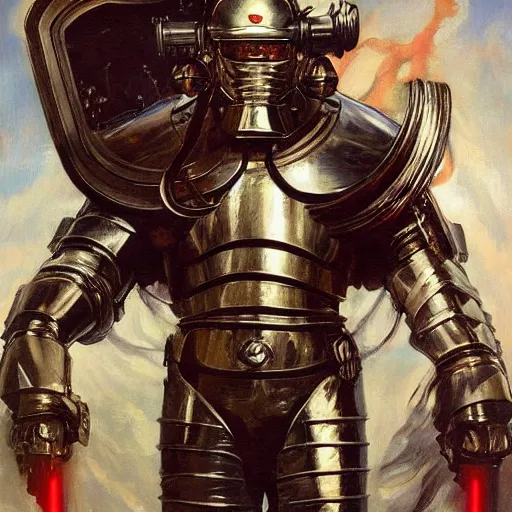 Image similar to oil painting of a pale menacing Apollo with long curly blond hair and piercing red glowing eyes, powerful sci fi centurion in tall jagged black plate armor, cinematic chiaroscuro creeping darkness, by J.C leyendecker and norman rockwell