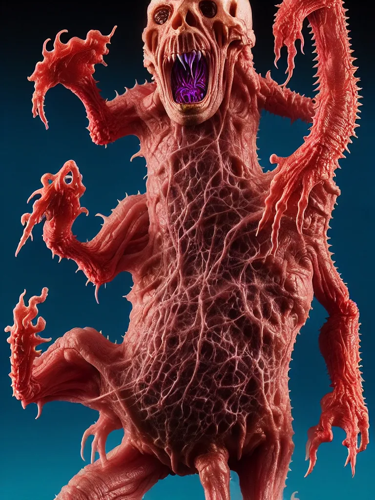 Image similar to hyperrealistic rendering, fat smooth cronenberg flesh monster transparent kaiju with skull and spine by donato giancola and greg rutkowski and wayne barlow and zdzisław beksinski, product photography, action figure, sofubi, studio lighting, colored gels, colored background