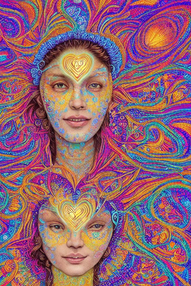 Image similar to a happy beautiful wise spirit goddess in the shape of a heart, meditation, 3 2 k resolution, good vibes, perfect lighting, billions of details, made out of small cubes of love, pointillism, fabric embroidery, stunning psychedelic artwork, android jones, chris dyer, alex grey, trending on artstation, award winner