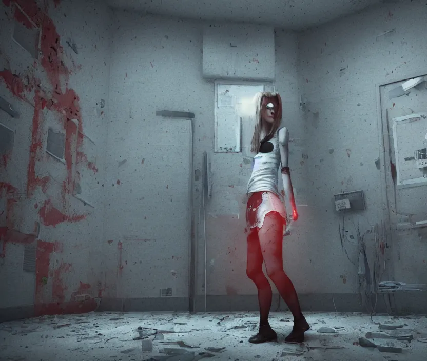 Image similar to rock star girl standing on an abandoned hospital room with red ceiling lighting and several blue lights on the walls, gloomy and foggy atmosphere, octane render, artstation trending, horror scene, highly detailded