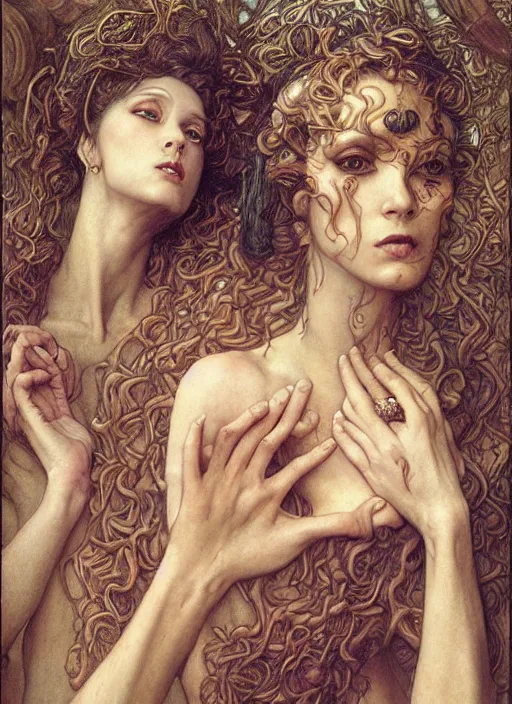 Prompt: hyper realistic painting of the wedding, detailed faces, veil, in the style of mc escher, wayne barlowe, gustav moreau, goward, gaston bussiere and roberto ferri, santiago caruso, and austin osman spare, bouguereau, mucha, saturno butto, sorayama. occult art, alchemical diagram