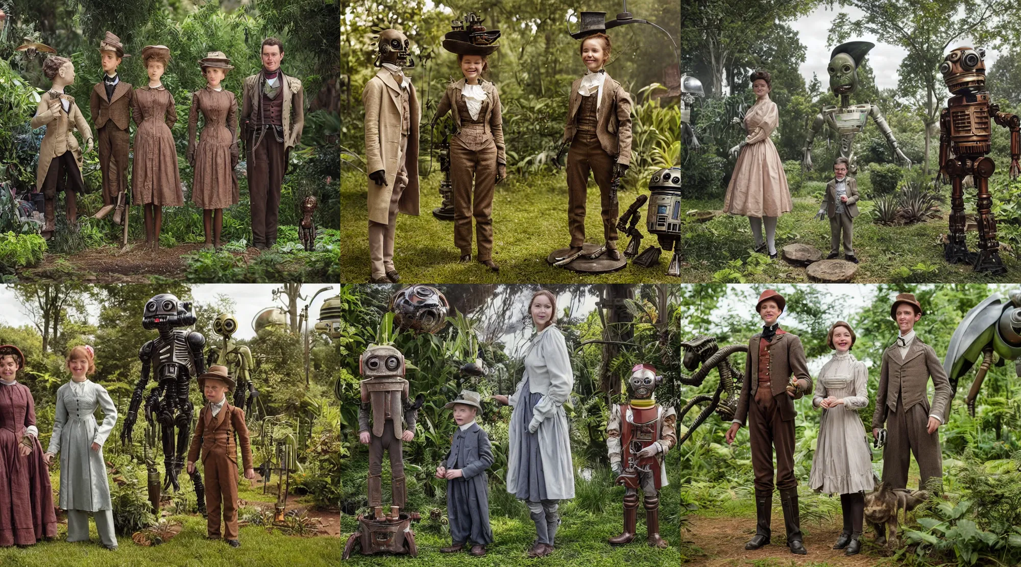 Prompt: detailed, sharp, a girl and a boy standing next to some alien plants, looking happy, wearing 1850s era clothes, their droid is standing nearby while their small pet alien creature is also hovering nearby, in a park on an alien planet, steampunk, extremely highly detailed, hyperrealistic, highly detailed faces, 70 mm still from a period sci fi movie, 8k