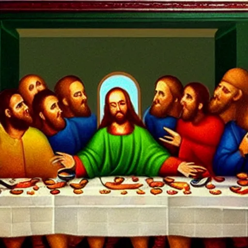 Prompt: the last supper at mcdonalds, oil painting