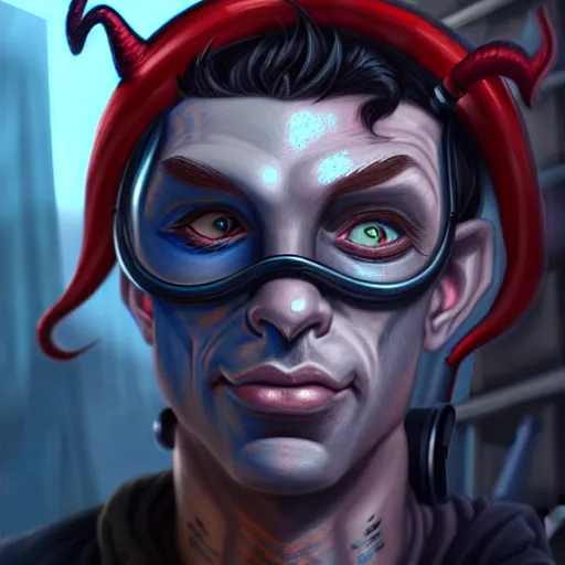 Image similar to portrait painting of a cyberpunk tiefling street doctor, sharp focus, award - winning, trending on artstation, masterpiece, highly detailed, intricate, cartoon, anime. art by merwild and ernesto irawan and rachel denton