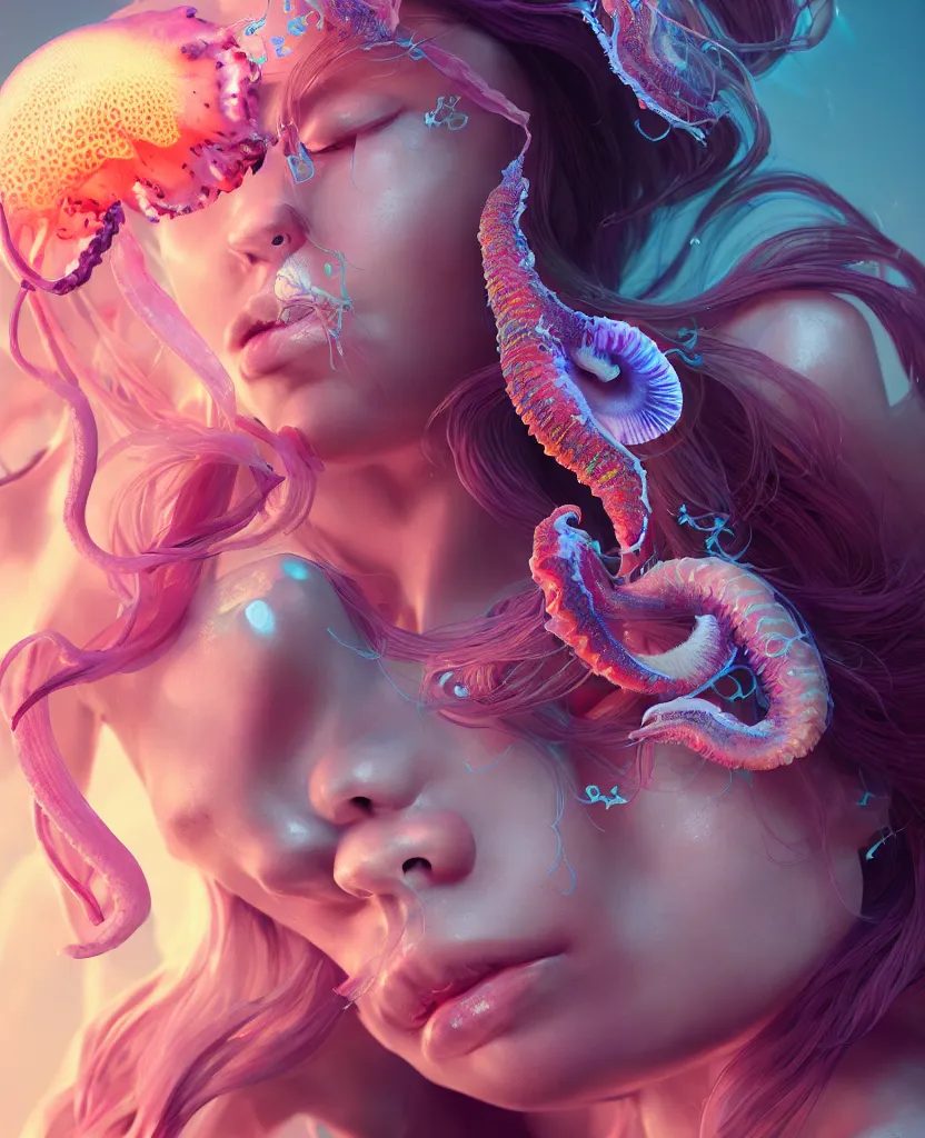 Image similar to goddess close - up portrait, ram skull, squid phoenix jellyfish, orchid, betta fish, bioluminiscent, intricate artwork by tooth wu and wlop and beeple. octane render, trending on artstation, greg rutkowski very coherent symmetrical artwork. cinematic, hyper realism, high detail, octane render, 8 k