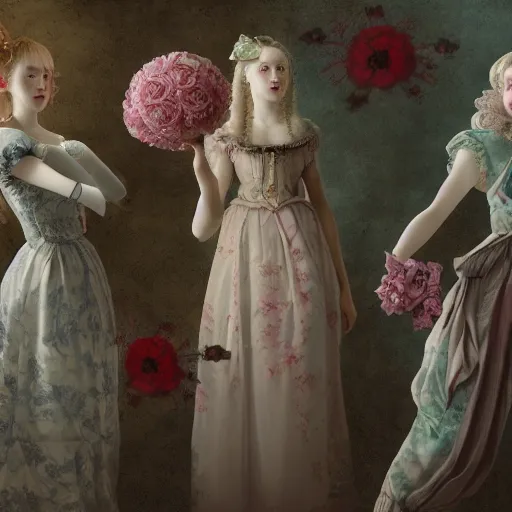 Prompt: 8k, octane render, realism, rococo, baroque, tonalism, renaissance, group of creepy young ladies wearing long harajuku manga dress with flowers and skulls, background chaotic flowers