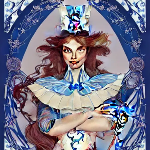 Prompt: movie poster of \'alice in wonderland\', wearing blue and white armor, fantasy, intricate, elegant, highly detailed, digital painting, artstation, concept art, smooth, sharp focus, illustration, art by Fernanda Suarez and Artem Demura and alphonse mucha