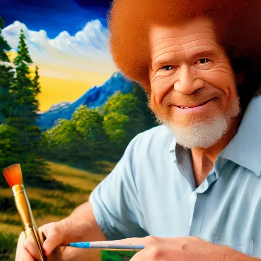 Image similar to a closeup photorealistic photograph of bob ross holding a paintbrush and diligently finishing a canvas painting depicting iron man. mountains and trees. film still. brightly lit scene. this 4 k hd image is trending on artstation, featured on behance, well - rendered, extra crisp, features intricate detail, epic composition and the style of unreal engine.