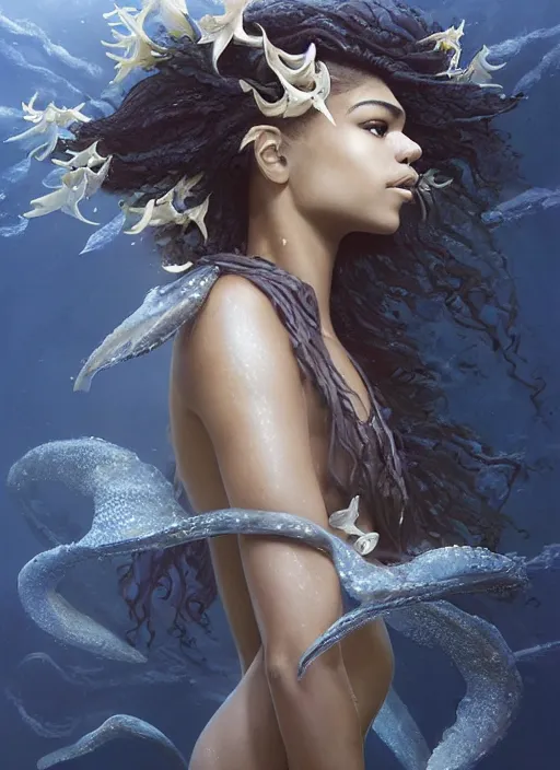 Prompt: dramatic upper body portrait of Zendaya as a dark-skinned mermaid by Ruan Jia and Mandy Jurgens and Artgerm and william-adolphe bouguerea, underwater, white lilies, shells, mirror, marvel comics, intricate, highly detailed, smooth, artstation, digital illustration by julie bell and Ruan Jia and Mandy Jurgens and Artgerm and William Adolphe Bouguereau and John Collier and Greg Rutkowski and Frank Frazetta