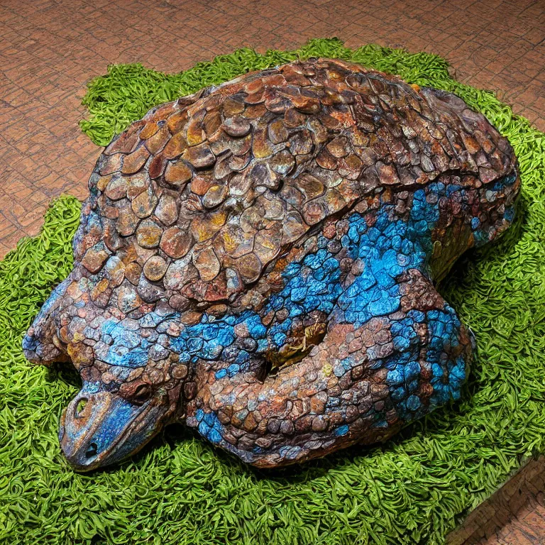 Prompt: hyperrealistic sculpture of a bronze fossilized ancient snapping turtle with ferns in its shell dusted with saffron and deep blue and grass green spraypaint and honeycomb in a grid cage on a pedestal by ron mueck and duane hanson and lee bontecou, hyperrealistic dramatic colored lighting trending on artstation 8 k