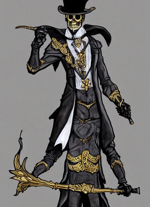 Image similar to DND character art, skeletal male figure, wearing a deep black suit!!! and tie and top hat, holding a gold! cane!, blue flames in background, blue flames