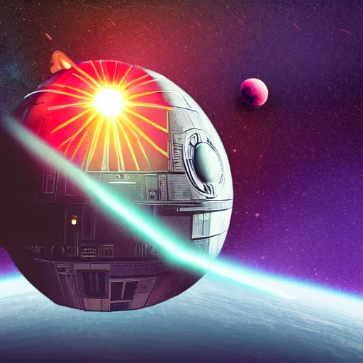 Image similar to A smartphone in place of the deathstar shooting a lazer at a far off planet, space in background, spectral ambiance, Cinecolor, Starburst, Nightlight effect, Storybook Illustration