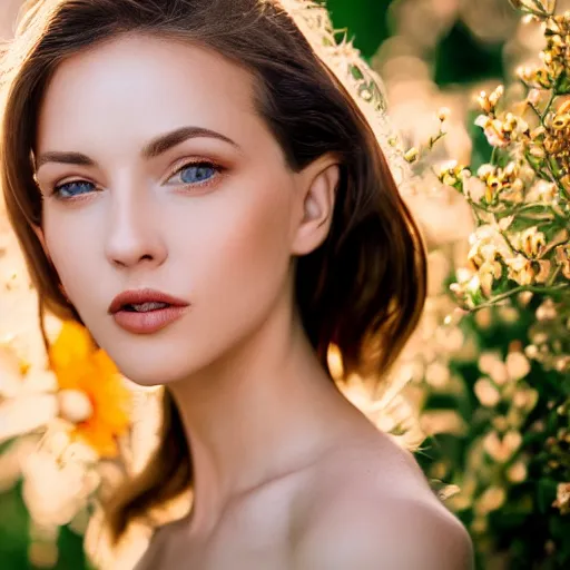 Image similar to portrait of a beautiful women, close up, matte paint, elegant flowers all around her, angelic, golden hour