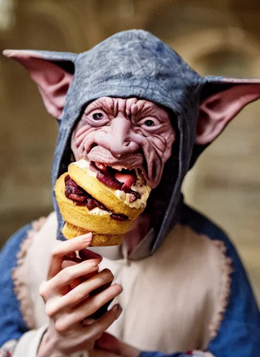 Image similar to closeup portrait of a medieval goblin eating cakes in the cloisters, depth of field, zeiss lens, detailed, symmetrical, centered, fashion photoshoot, by Annie Leibovitz and Steve McCurry, David Lazar, Jimmy Nelsson, Breathtaking, 8k resolution, extremely detailed, beautiful, establishing shot, artistic, hyperrealistic, beautiful face, octane render