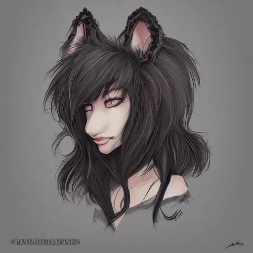 Image similar to headshot of young female furry, D&D, cute, fantasy, intricate, long hair, dark grey skin, mouse face, mouse nose, dark skin, mouse head, mouse ears, black hair, elegant, highly detailed, cartoony, artstation, concept art, smooth, sharp focus, illustration, art by Diives