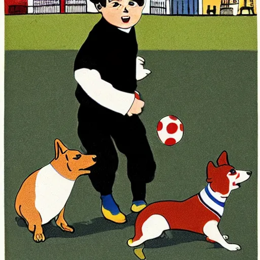 Image similar to book illustration of a french boy on the streets of paris playing football against a corgi, the dog is wearing a polka dot scarf, 1 9 6 6