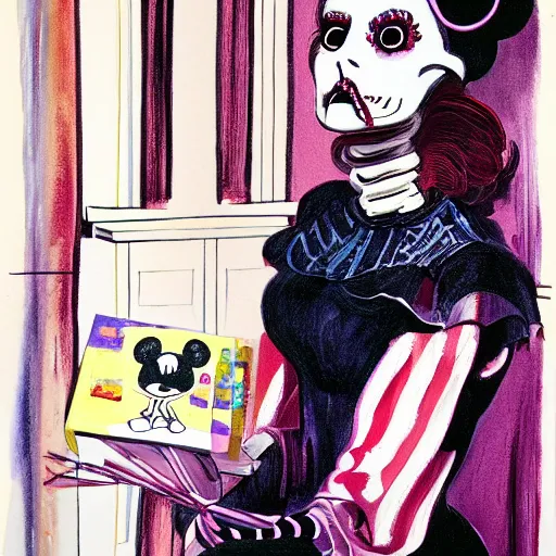 Prompt: portrait painting young woman skeleton, minnie mouse , comic book, elegant, highly detailed, painted by Singer Sargent and David Hockney