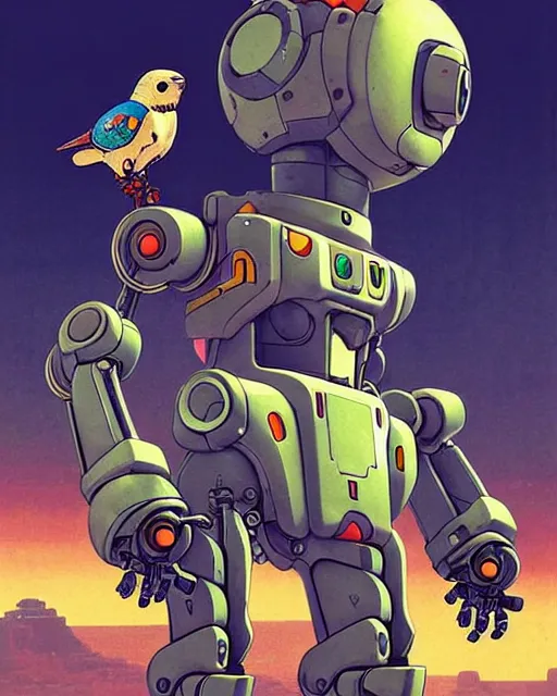 Image similar to bastion the friendly robot from overwatch, with his pet bird, character portrait, portrait, close up, concept art, intricate details, highly detailed, vintage sci - fi poster, retro future, in the style of chris foss, rodger dean, moebius, michael whelan, katsuhiro otomo, and gustave dore