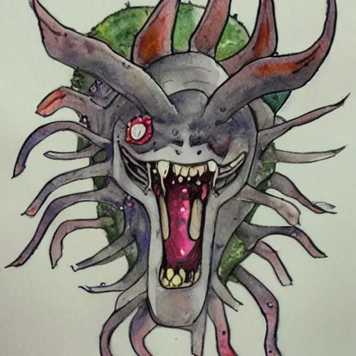 Image similar to detailed whimsical silly watercolor painting of a terrifying demon, in the style of studio ghibli