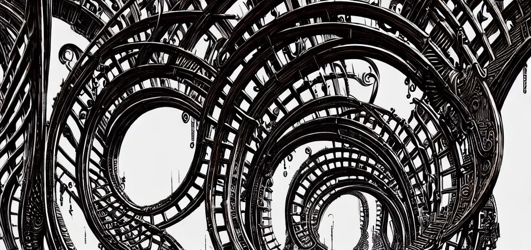 Image similar to a double helix dna cyberpunk steampunk carved archway, high details, lineart, by vincent di fate and joe fenton, inking, screen print, masterpiece, trending on artstation, sharp, high contrast, hyper - detailed,, hd, 4 k, 8 k