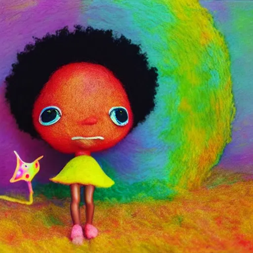 Image similar to a black girl with big cute! eyes and a colorful afro dancing in a filed of candy at sunset, bright colors, watercolor, volumetric wool felting, felt, macro photography, children illustration, global illumination, radiant light, detailed and intricate environment, by goro fujita, psychedelic surreal portrait, bokeh!!!!