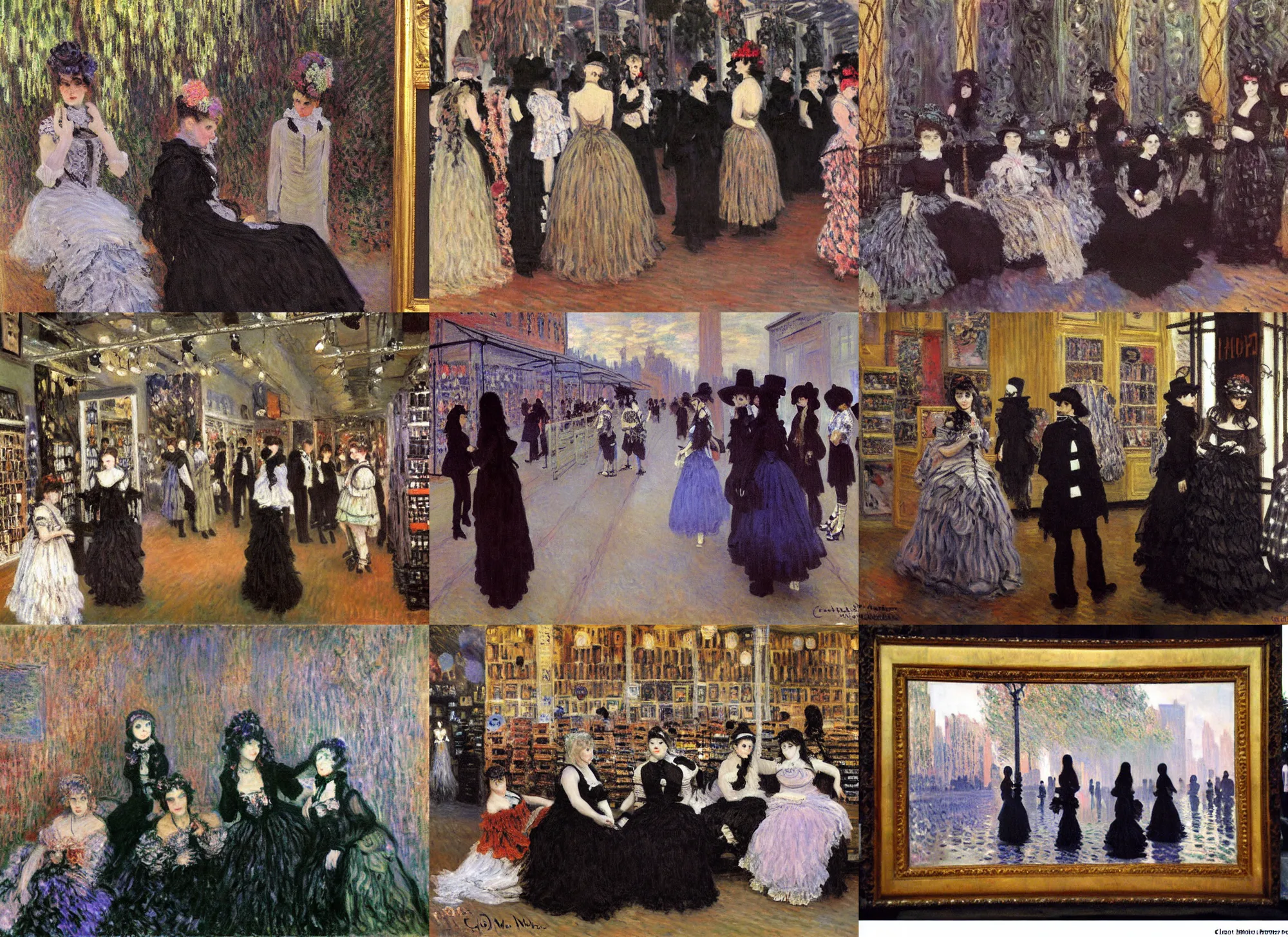 Prompt: A painting by Claude Monet. Some goths hanging out at a Hot Topic store in the mall