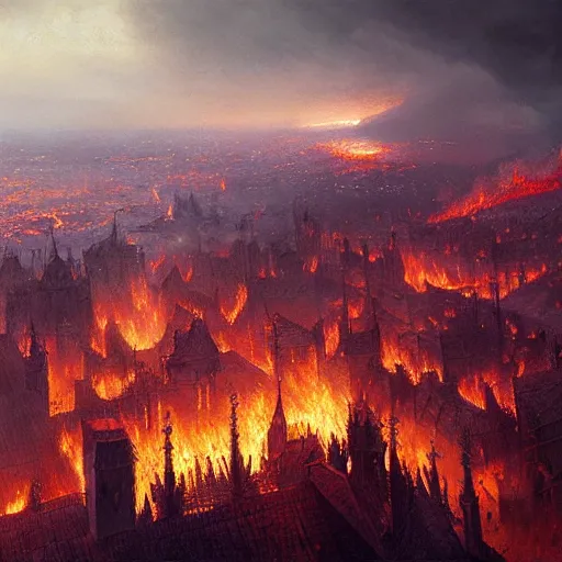 Image similar to medieval kingdom brightly burning in flames as seen from the sky, digital art, highly detailed, dark colours, 8 k, intricate, moody lighting, by greg rutkowski