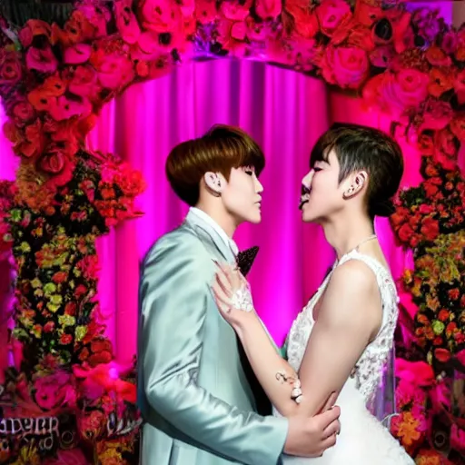Image similar to taekook getting married in las vegas, 8 k, ultra realistic