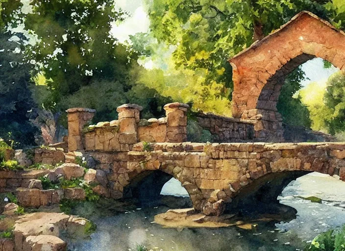 Image similar to watercolor of rustic stone bridge with mural, ivy, summer daylight, bright clear day, clouds, high detailed art by dennis miller bunker, work by anders zorn, wonderful masterpiece by greg rutkowski, beautiful cinematic light, american romanticism by greg manchess, creation by tyler edlin