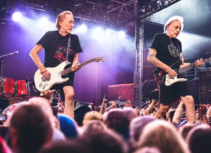 Image similar to photo still of christopher walken on stage at vans warped tour!!!!!!!! at age 5 5 years old 5 5 years of age!!!!!!! shredding on guitar, 8 k, 8 5 mm f 1. 8, studio lighting, rim light, right side key light