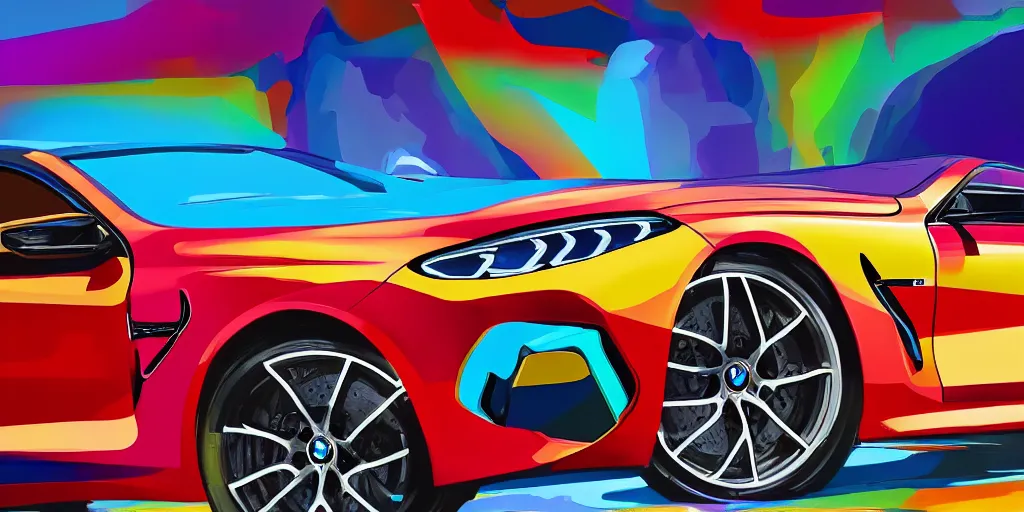 Image similar to bmw m 8 pop art painting, rtx, raytracing, 8 k, highly detailed, soft colors,