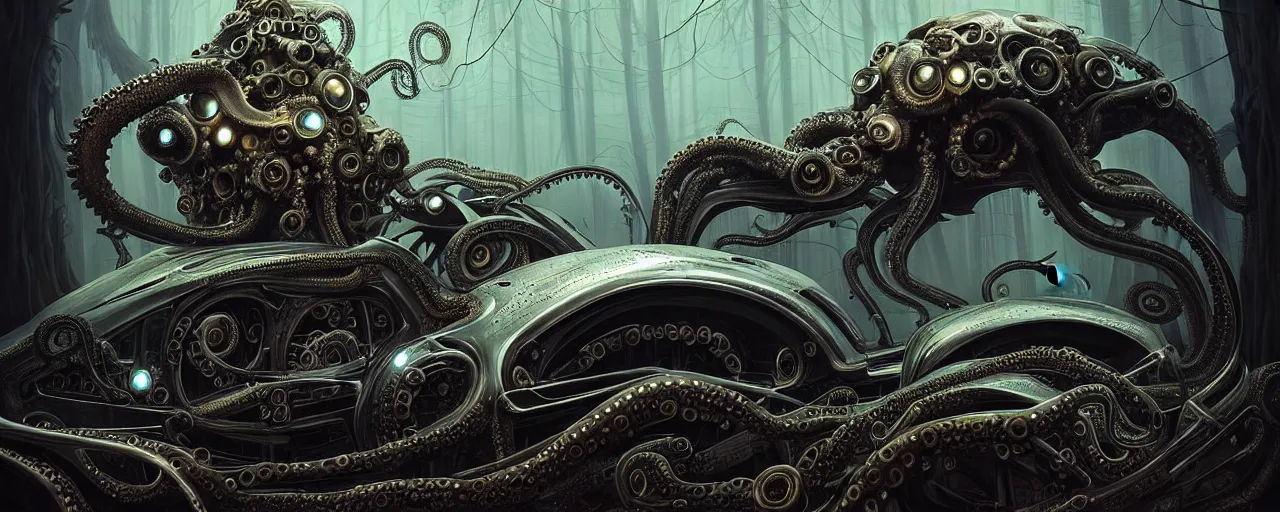 Image similar to biomechanical shiny vehicle reminiscent of bugatti chiron with (glowing) lights and octopus tentacles parked in ancient mystic woods, gothic and baroque, brutalist architecture, ultradetailed, creepy ambiance, fog, artgerm, giger, Intricate by Ellen Jewett and Josan Gonzalez and Giuseppe Arcimboldo