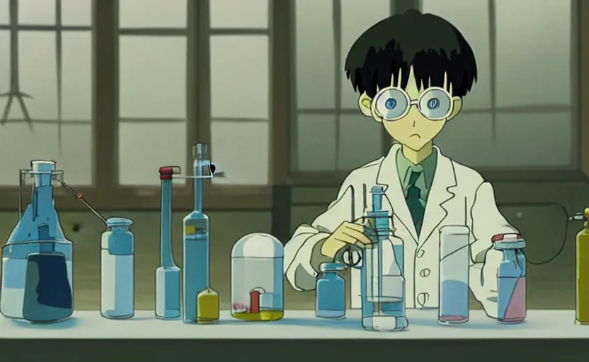 Prompt: a very dull interior shot still from ponyo ( 2 0 0 8 ) of a young skinny scientist alone in his lab. close up on the faces, perfect art, grimdark, trending on pixiv fanbox, painted by studio ghibli