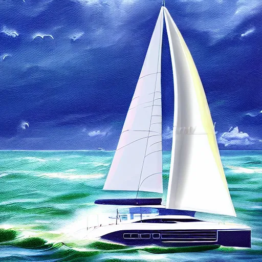 Image similar to catamaran yacht on the ocean during a storm painting, 4 k, hyper realistic, dslr, high resolution, landscape, beautiful