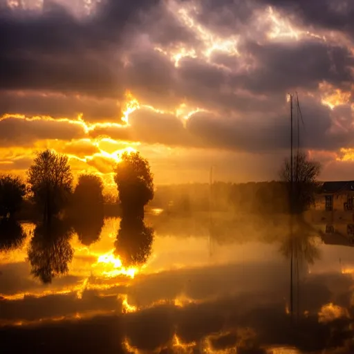 Prompt: award-winning photograph of a german town being flooded, dramatic lighting, hazy atmosphere, god rays, wide focal length, Sigma 85mm f/2, golden hour, sunset, shimmering water, dramatic perspective