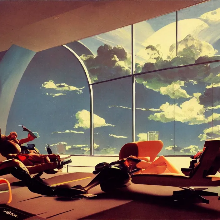 Image similar to a futuristic minimalist lounge room with a big window opening up to a wide open meadow with billowing clouds in the sky. highly detailed science fiction painting by norman rockwell, frank frazetta, and syd mead. rich colors, high contrast, gloomy atmosphere. trending on artstation.