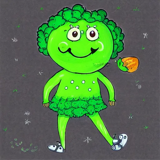 Prompt: dancing broccoli, he is very happy, smiling, children illustration, 2D