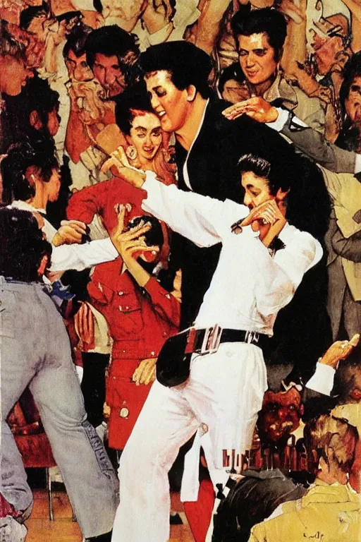 Prompt: elvis presley dancing painted by norman rockwell