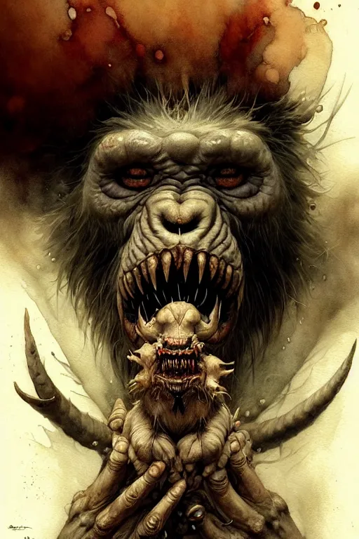 Image similar to ape demon | esoteric symbolism | jean - baptiste monge, esao andrews, bastien lecouffe - deharme, tim jacobus, ken currie | ultra - detailed realism, soft cinematic lighting, hi - fructose, artstation, high - quality, ink watercolors wes anderson poster art