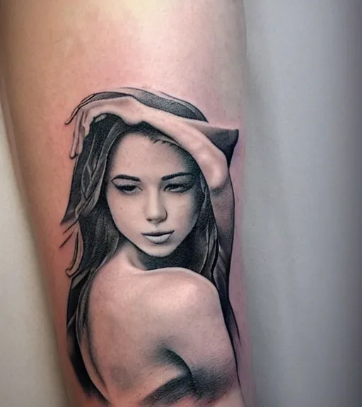 Image similar to tattoo design sketch of a beautiful girl with a faded mountain background, in the style of den yakovlev, black and white, realism tattoo, hyper realistic, highly detailed