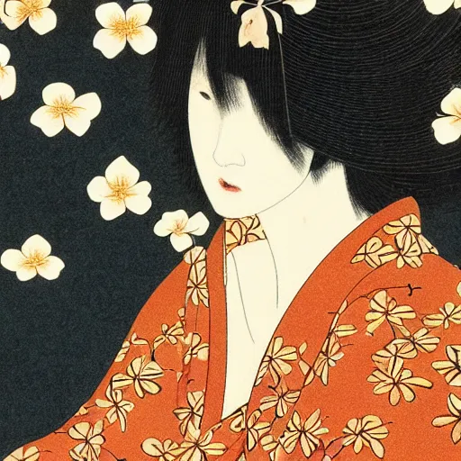 Prompt: woman portrait by ikenaga yasunari and ayana otake and ko rakusui, 6 0 s poster, drawing, realistic, sharp focus, japanese, dreamy, nostalgia, faded, golden hues, floral clothes