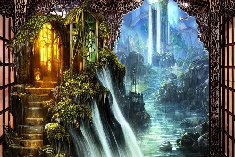 Image similar to gothic waterfall favela honeybee hive, art nouveau environment, godbeams, industrial factory, award winning art, epic dreamlike fantasy landscape, ultra realistic,