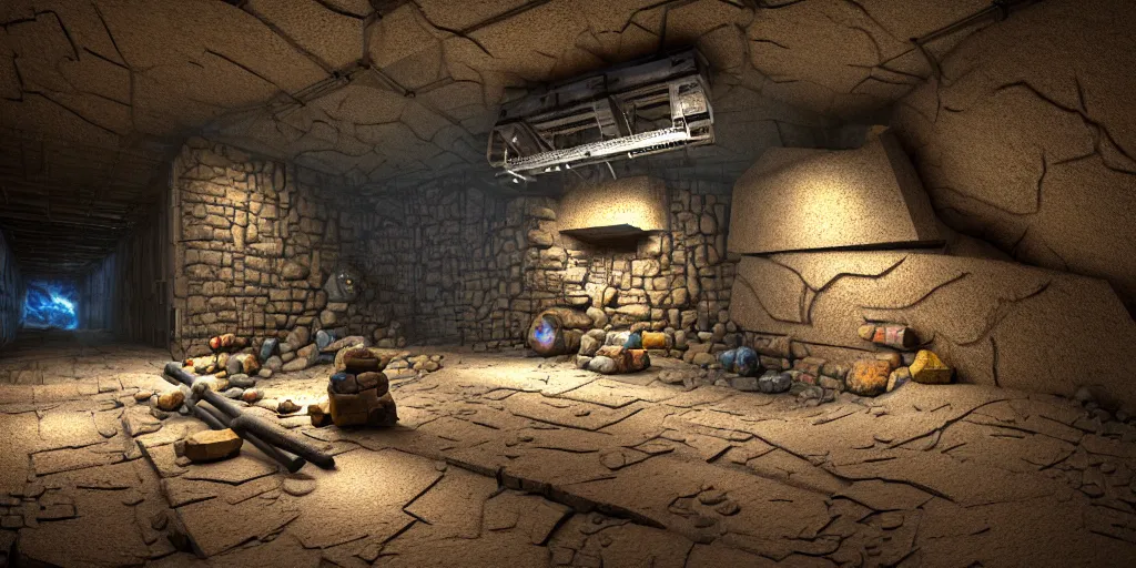 Prompt: hyperrealistic mixed media painting of an underground mine and mineshaft with metal ore visible in the rocky wall and a pickaxe laying on the ground, stunning 3d render inspired art by P. Craig Russell and Barry Windsor-Smith + dim volumetric lighting, dizzy, full body, 8k octane beautifully detailed render, post-processing, extremely hyperdetailed, intricate, epic composition, grim yet sparkling atmosphere, cinematic lighting + masterpiece, trending on artstation, very very detailed, masterpiece, stunning