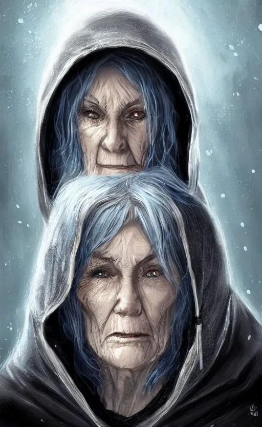 Image similar to an older woman with silver hair and piercing blue eyes. she's wearing a dark, hooded cloak and looks like she knows her way around a sword, dynamic lighting, photorealistic fantasy concept art, trending on art station, stunning visuals, creative, cinematic, ultra detailed