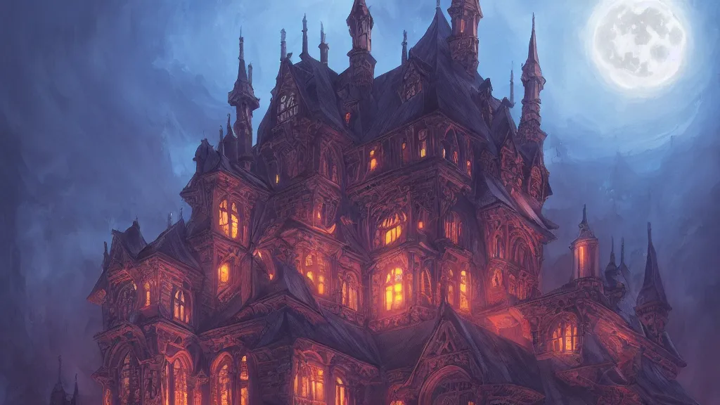 Image similar to foggy intricate gothic castle under the full moon, epic, intricate oil painting, high detail illustration, sharp high detail, manga and anime, official fanart behance hd artstation by jesper ejsing and makoto shinkai, 4 k,