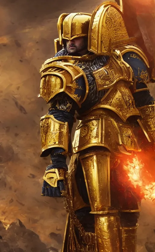 Image similar to angry Henry Cavill as warhammer 40k God-Emperor of Mankind dressed in his glowing golden power armor. full-length portrait, beautiful face, long hair, painted by Donato Giancarlo, intricate fine armor rune details, cinematic, highly detailed, octane render