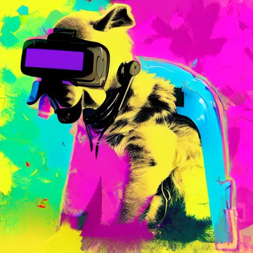 Prompt: illustration of cyberpunk puppy in vr helmet, colorful splatters, by andy warhol and by zac retz and by kezie demessance